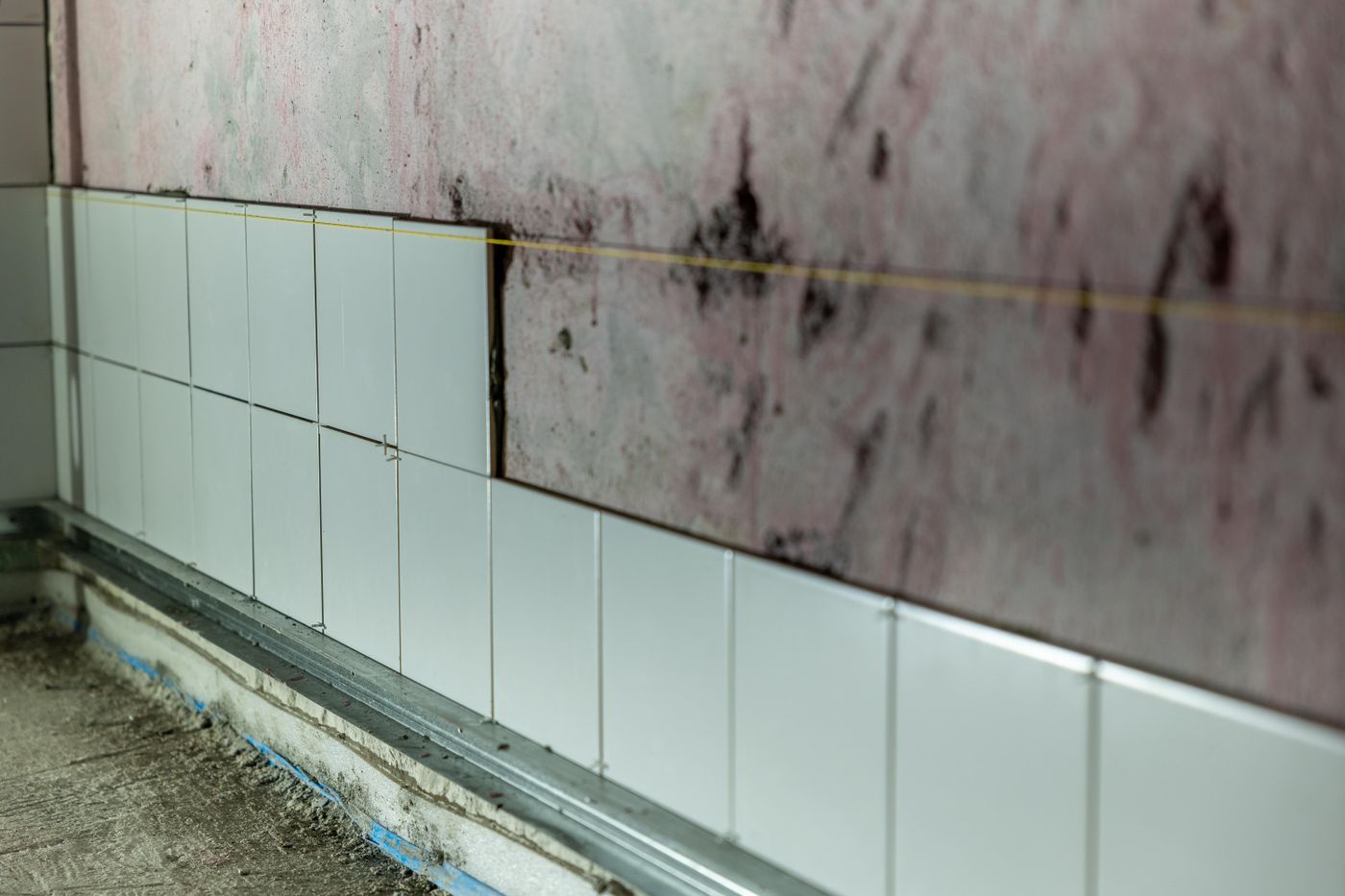 Dark mold on the damp plaster behind a partially tiled wall